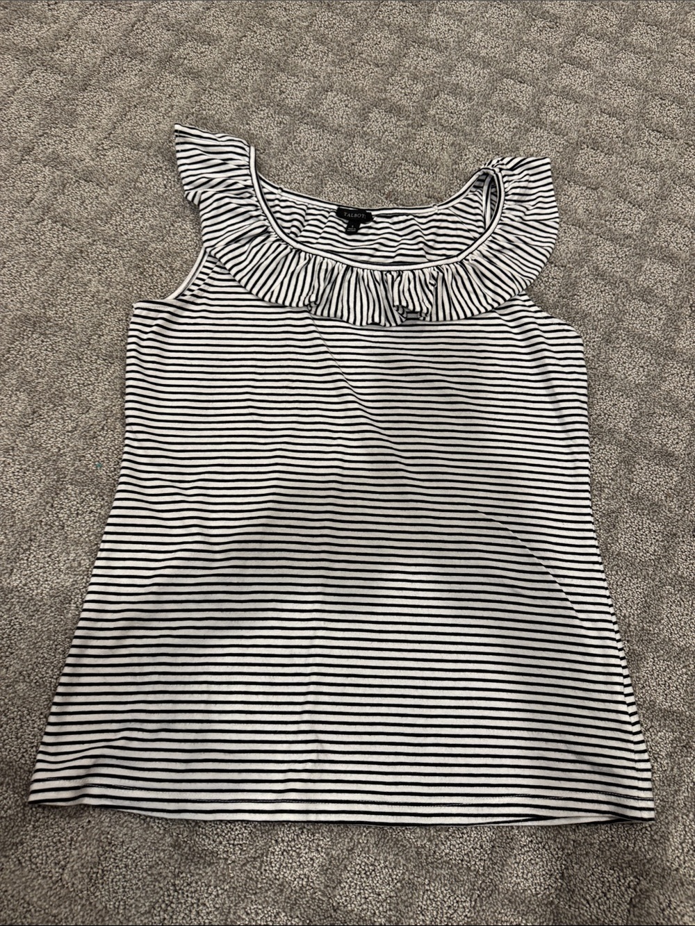 Talbots Black & White Striped Ruffle-Neck Tank